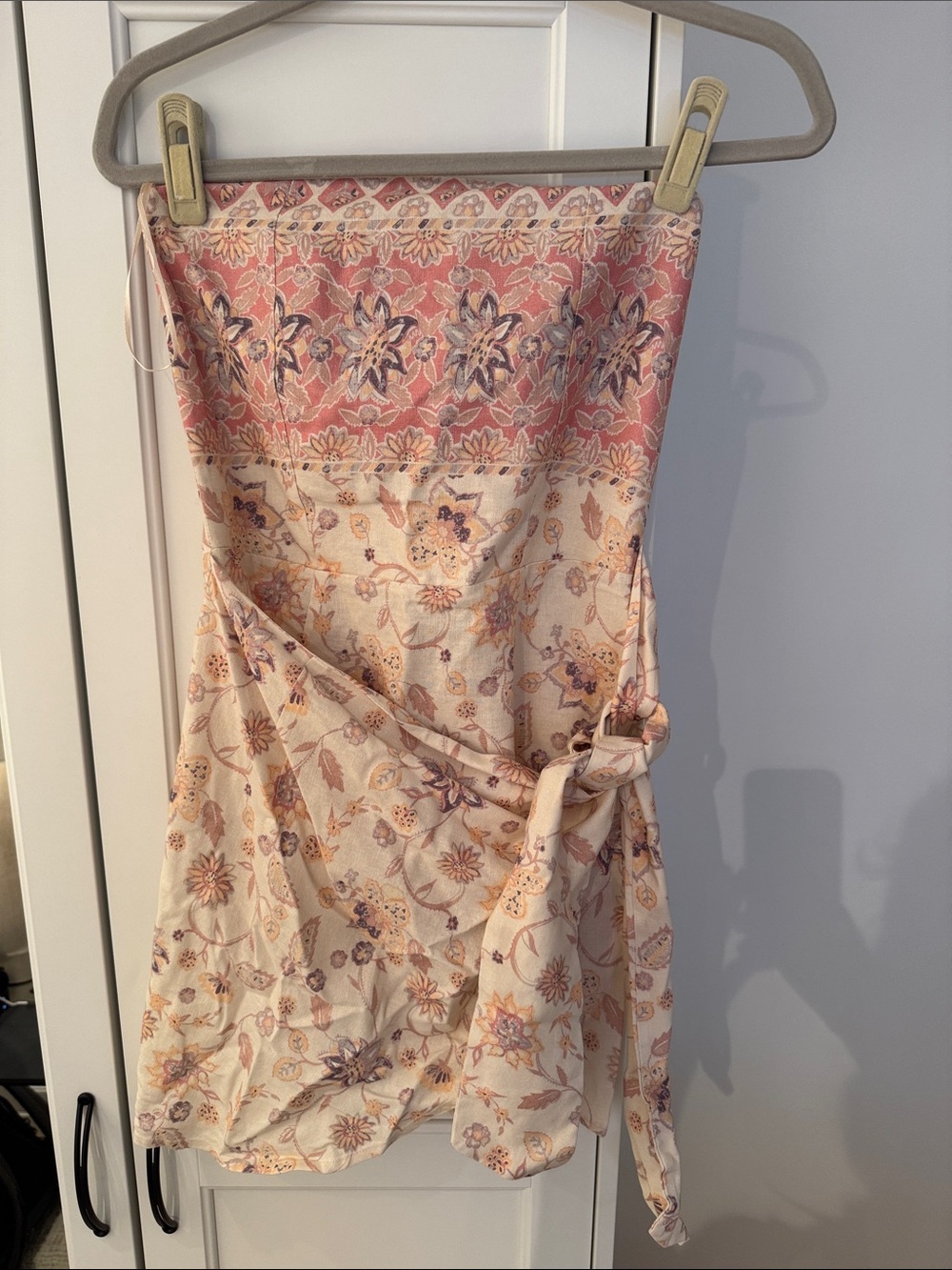 Floral Print Strapless Mini Dress in Blush Pink